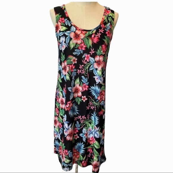 2 Dye 4 floral black sleeveless back keyhole dress - Picture 1 of 7